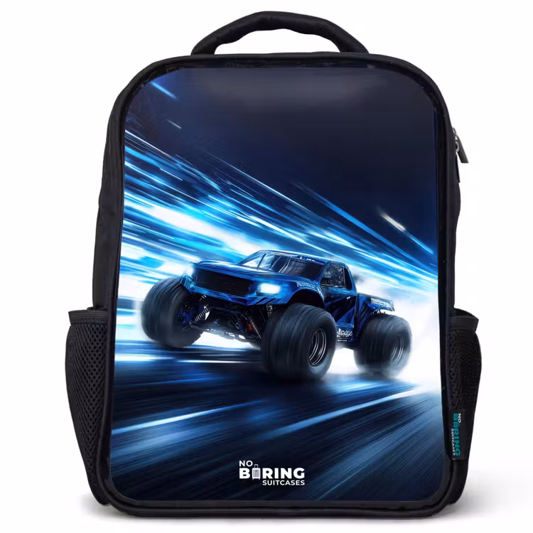 Kids backpack - Black - Monster truck races through light speed — 1