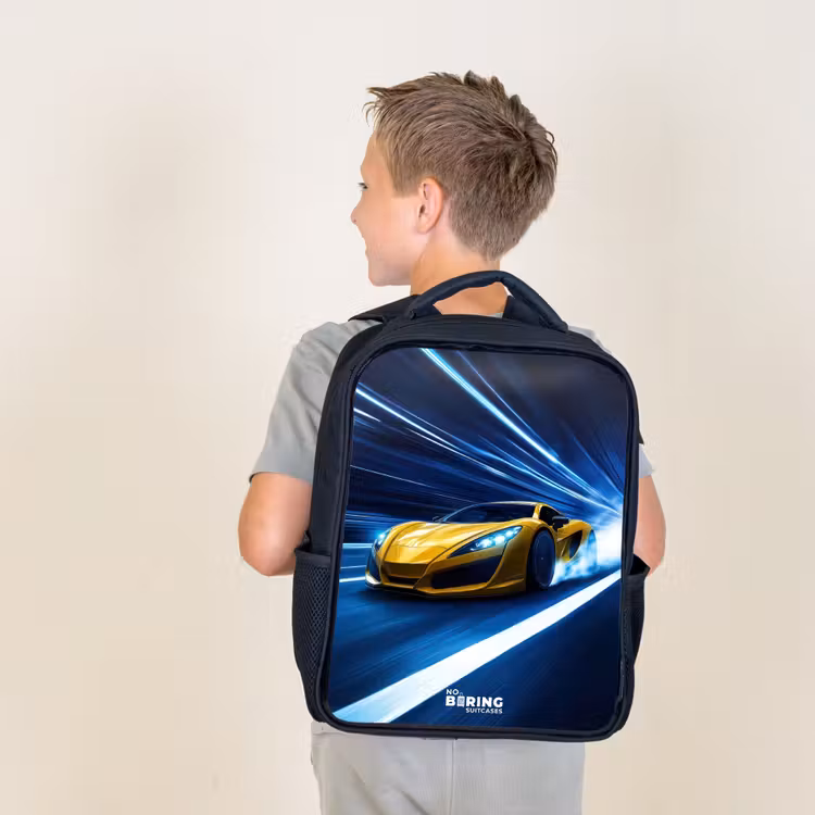 Kids backpack - Black - Yellow sports car in light tunnel of speed — 2