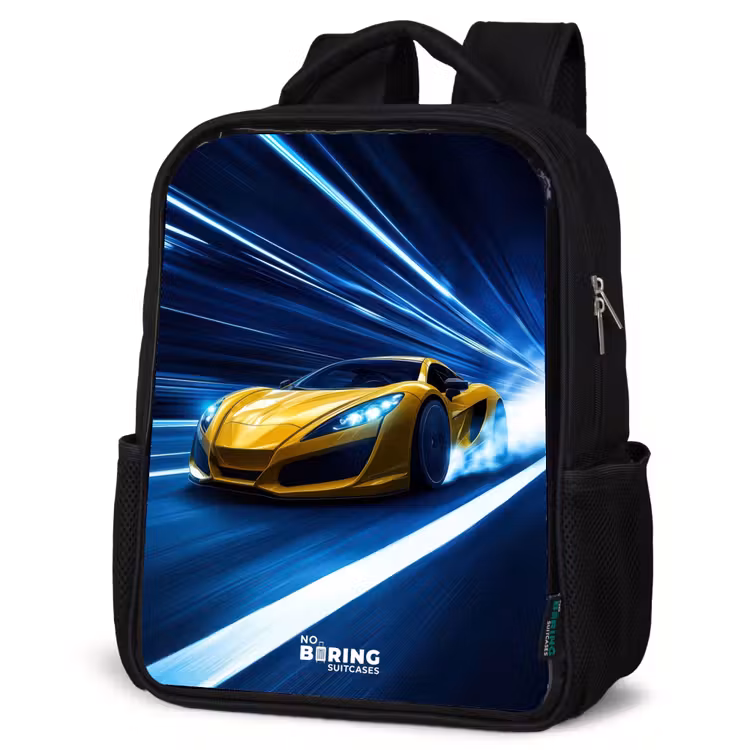 Kids backpack - Black - Yellow sports car in light tunnel of speed — 4