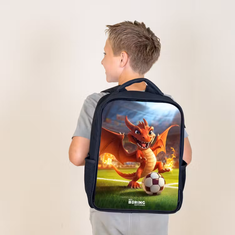Kids backpack - Black - Red dragon plays soccer in sunny stadium — 2