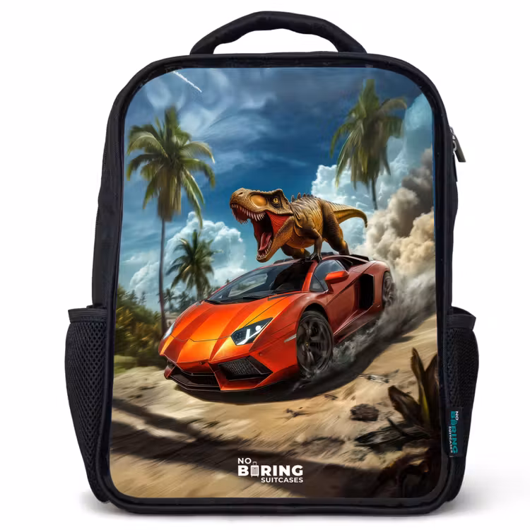 Kids backpack - Black - Red sports car with dino races through tropical beach — 1