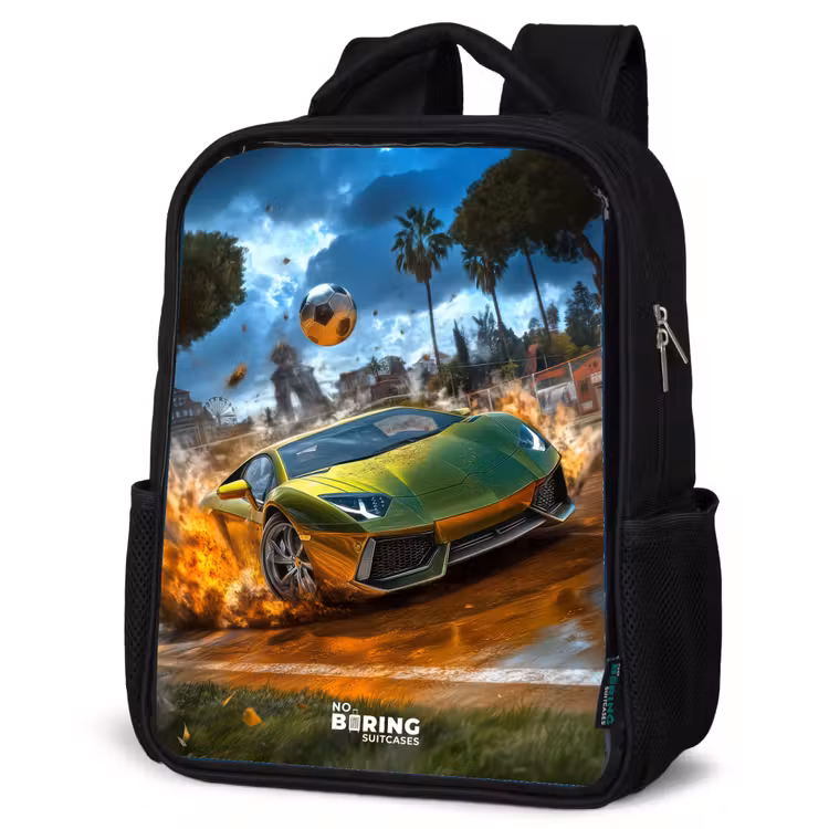 Kids backpack - Black - Sports car crashes through soccer field with ball — 4