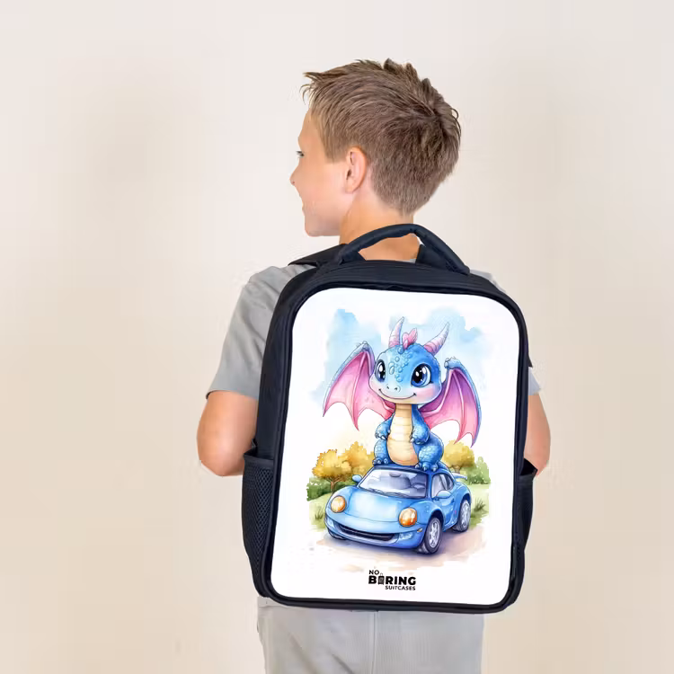 Kids backpack - Baby dragon on blue car in wooded landscape — 2