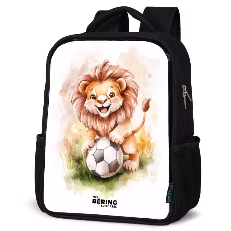 Kids backpack - Black - Playful lion with soccer on lawn — 4