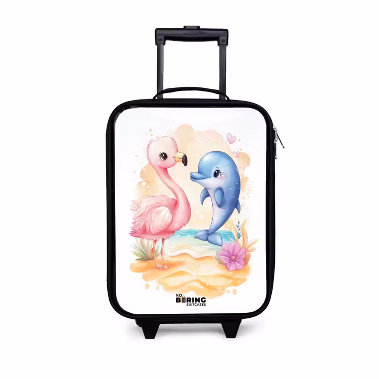 Children's suitcase - Pink flamingo and blue dolphin on a beach — 1