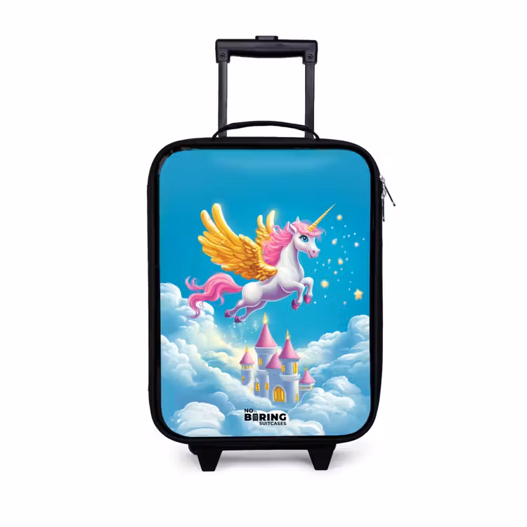 Children's suitcase - Flying unicorn with golden wings above castle — 1