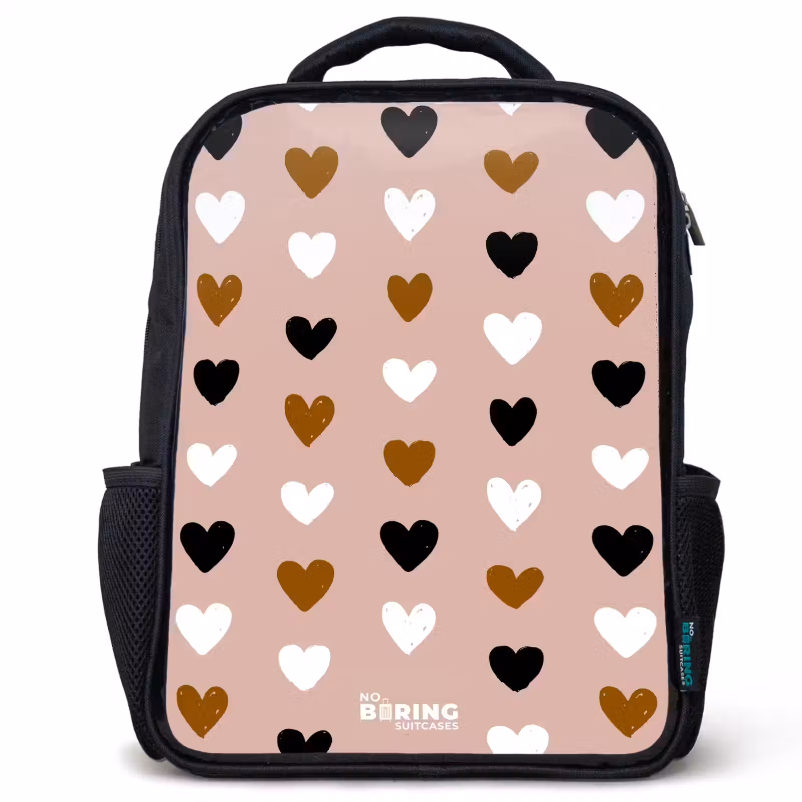 Kids backpack - Black - Black, white and brown heart pattern on vintage pink background — 1