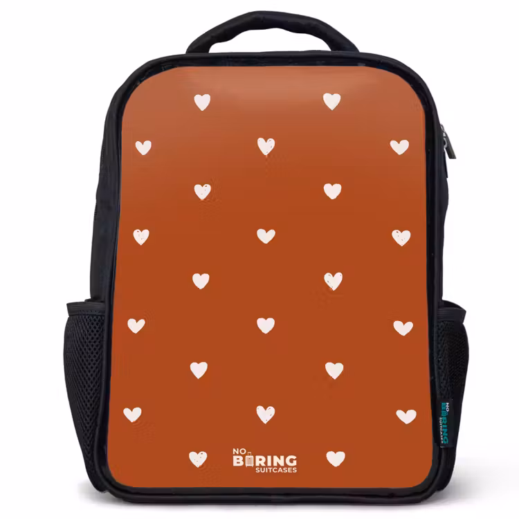 Kids backpack - Black - White heart pattern on orange brown background — 1