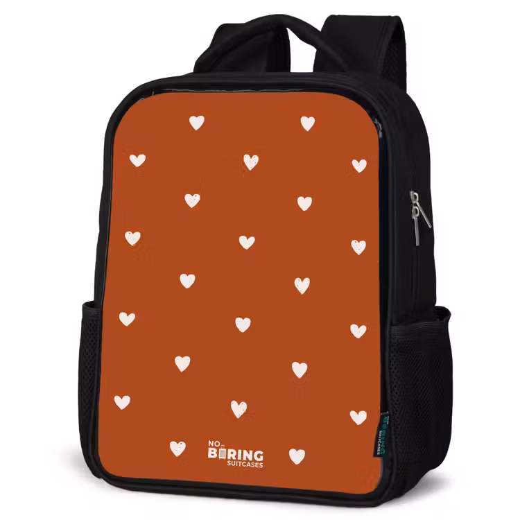 Kids backpack - Black - White heart pattern on orange brown background — 4