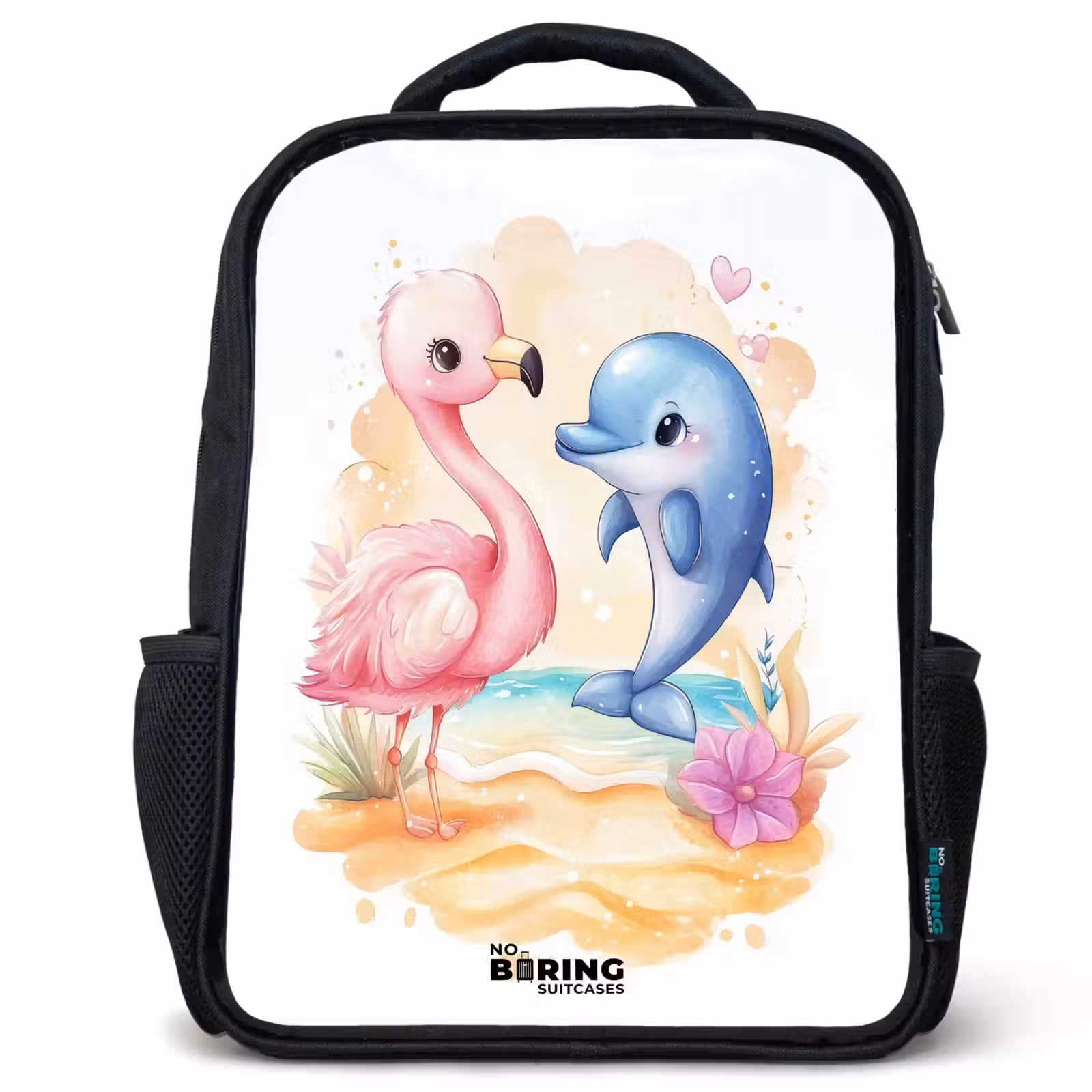 Kids backpack - Black - Pink flamingo and blue dolphin on a beach — 1