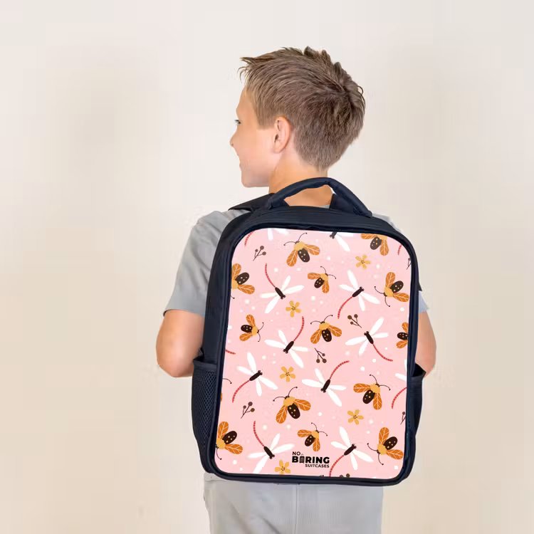 Kids backpack - Black - Ladybugs and dragonflies on pink background — 2