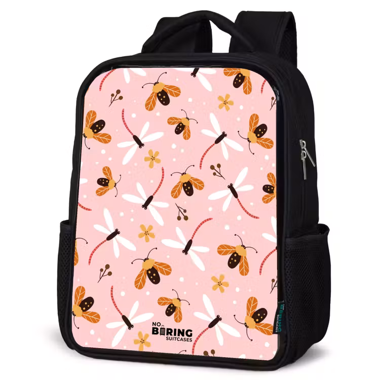 Kids backpack - Black - Ladybugs and dragonflies on pink background — 4