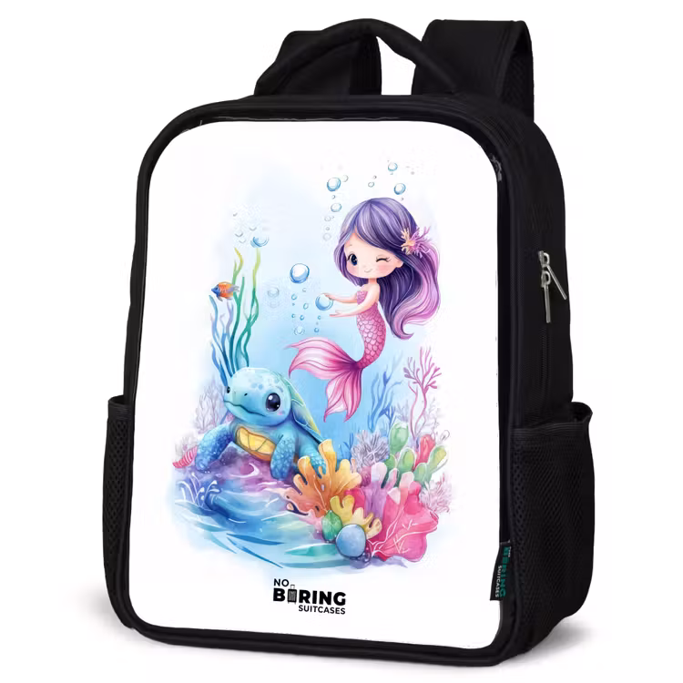Kids backpack - Black - Mermaid with blue turtle among coral — 4