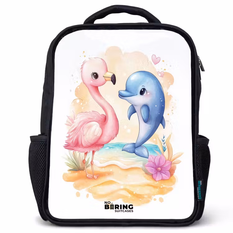 Kids backpack - Black - Pink flamingo and blue dolphin on a beach — 1