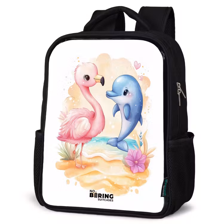 Kids backpack - Black - Pink flamingo and blue dolphin on a beach — 4