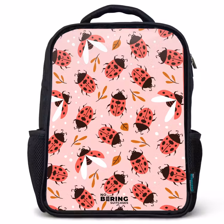 Kids backpack - Black - Red ladybugs on pink background — 1