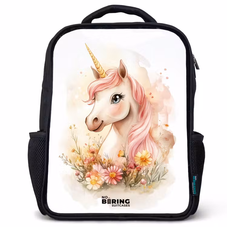 Kids backpack - Black - Unicorn with pink mane among pastel flowers — 1