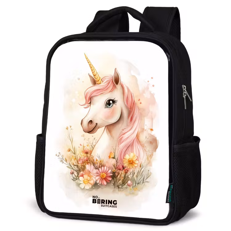 Kids backpack - Black - Unicorn with pink mane among pastel flowers — 4