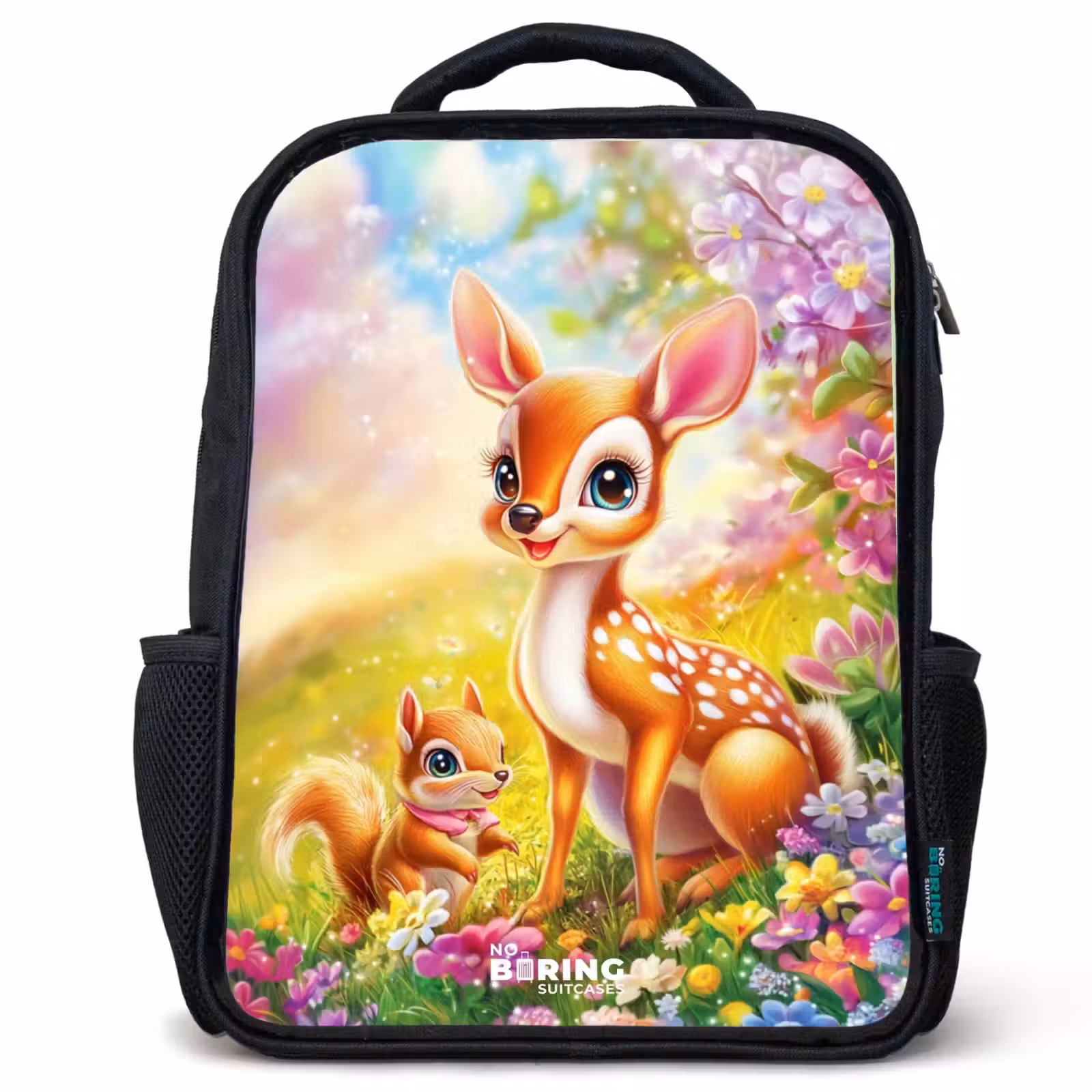 Kids backpack - Black - Deer and squirrel in colorful field of flowers — 1