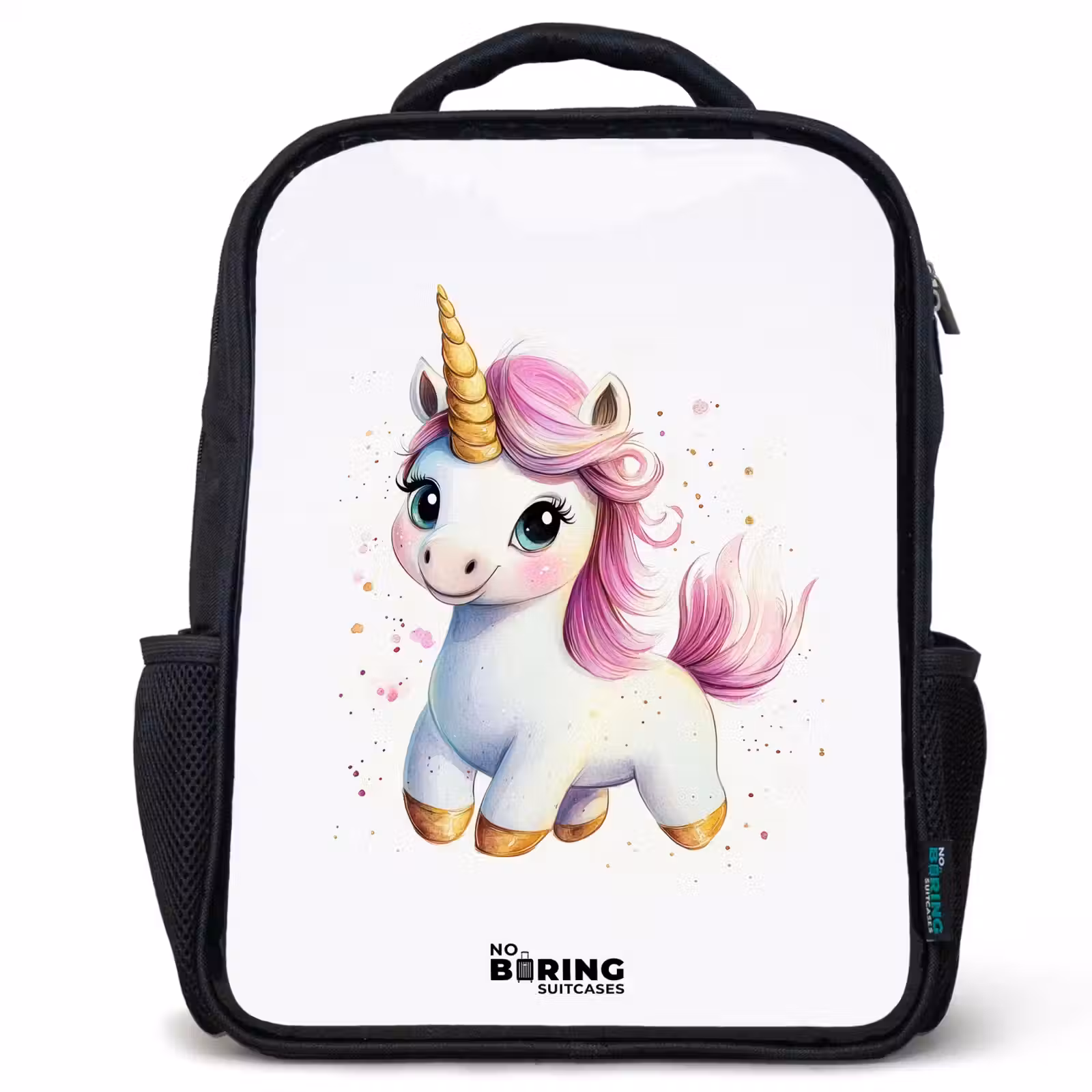 Kids backpack - Black - White unicorn with pink mane — 1
