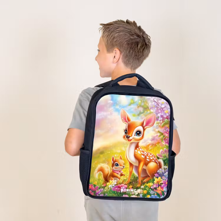Kids backpack - Black - Deer and squirrel in colorful field of flowers — 2