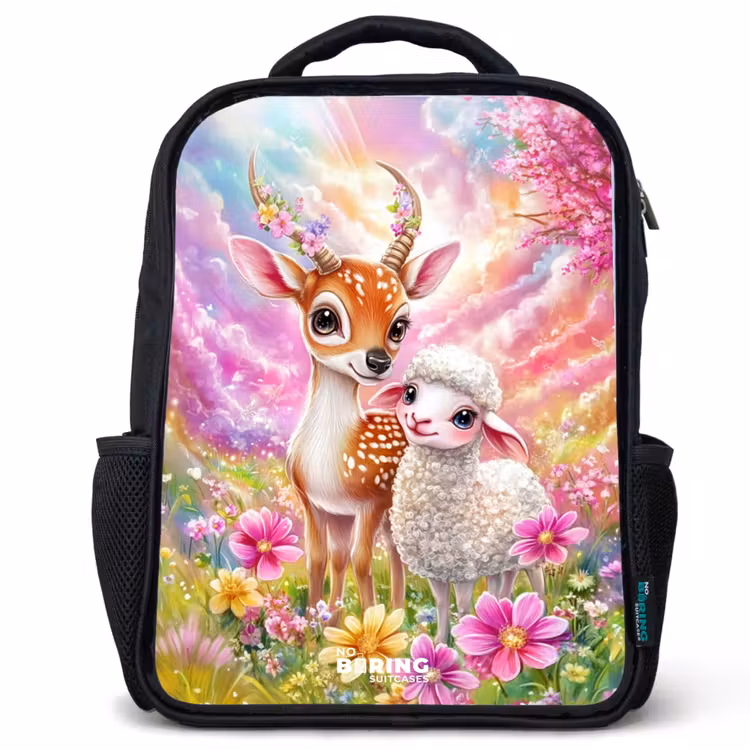Kids backpack - Black - Deer with a lamb in pastel flower field — 1