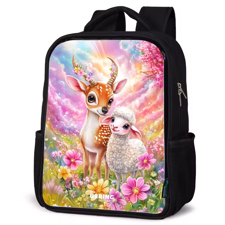 Kids backpack - Black - Deer with a lamb in pastel flower field — 4
