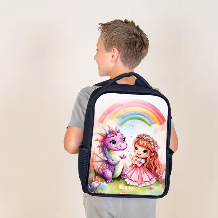 Kids backpack - Black - Girl with purple dragon under rainbow — 2