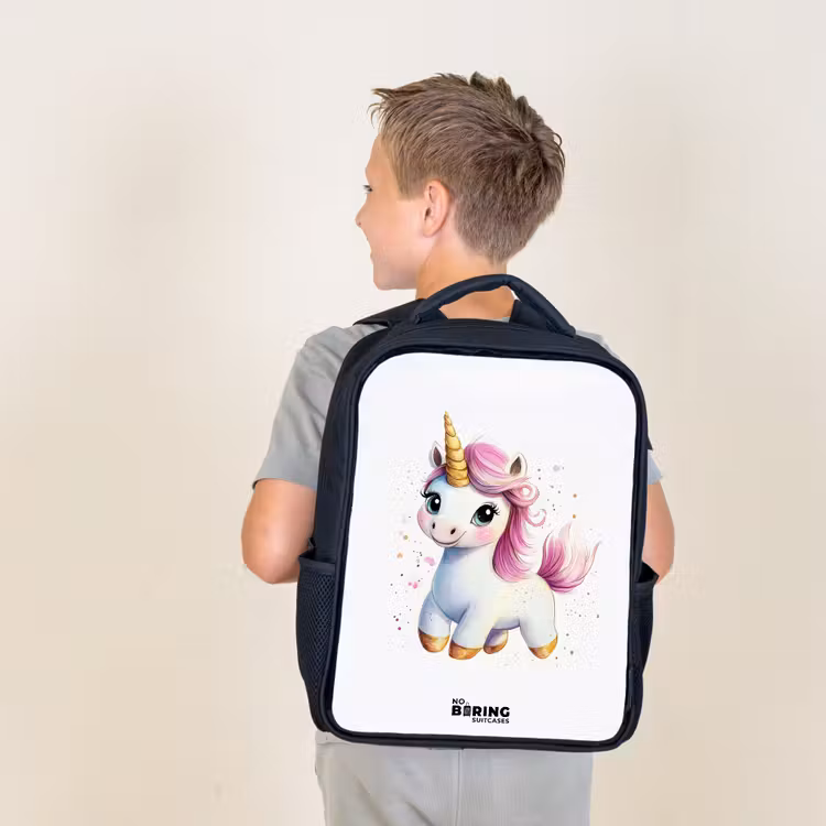Kids backpack - Black - White unicorn with pink mane — 2