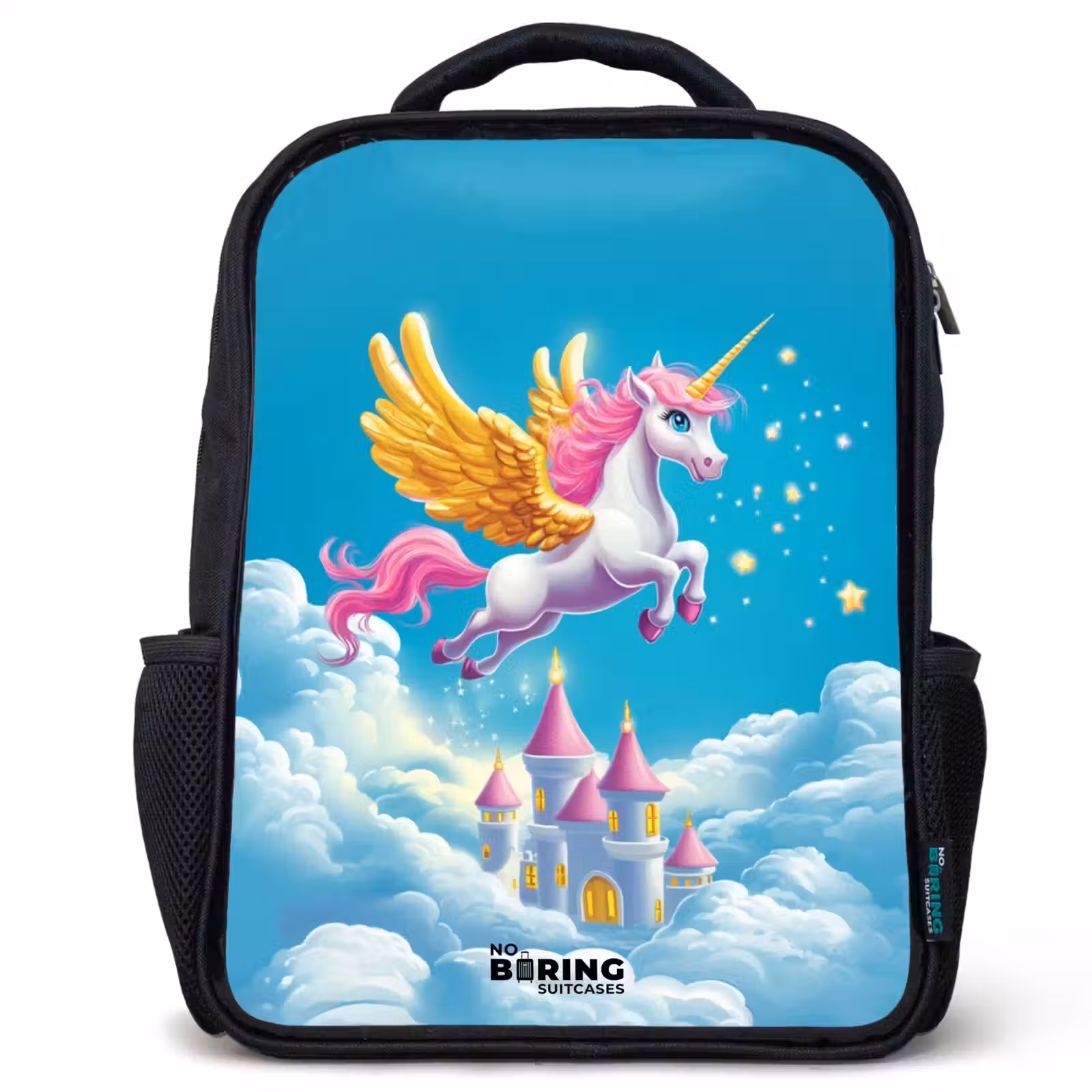 Kids backpack - Black - Flying unicorn with golden wings above castle — 1