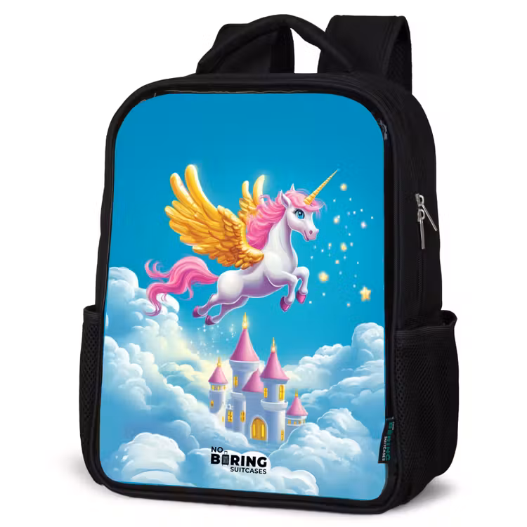 Kids backpack - Black - Flying unicorn with golden wings above castle — 4