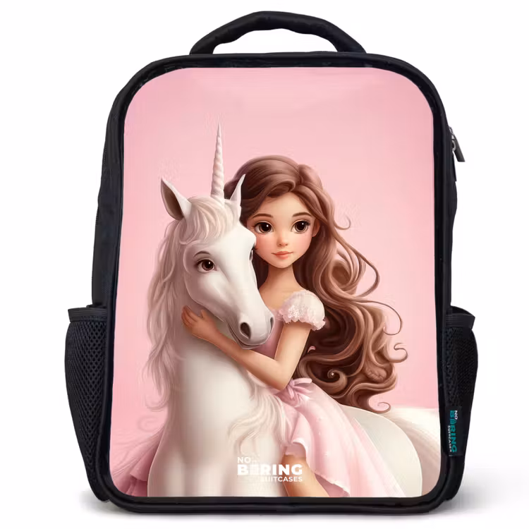 Kids backpack - Black - Girl with white unicorn on pink background — 1