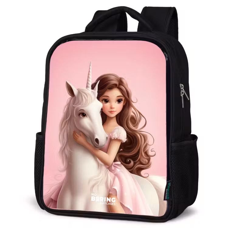 Kids backpack - Black - Girl with white unicorn on pink background — 4