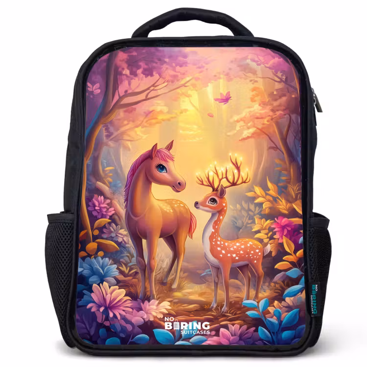 Kids backpack - Black - Horse and deer in a pink fairy tale forest — 1