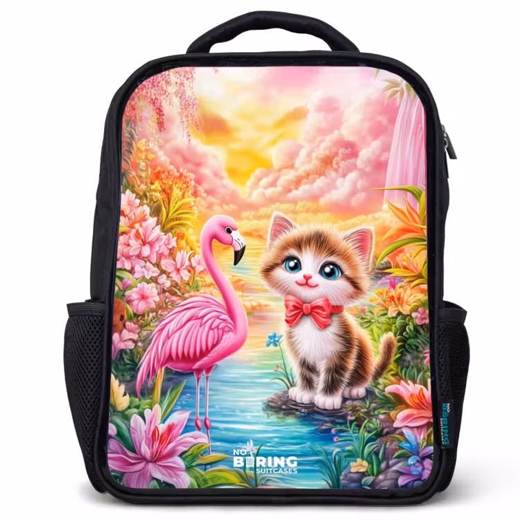 Kids backpack - Black - Kitten with flamingo in tropical flower paradise — 1