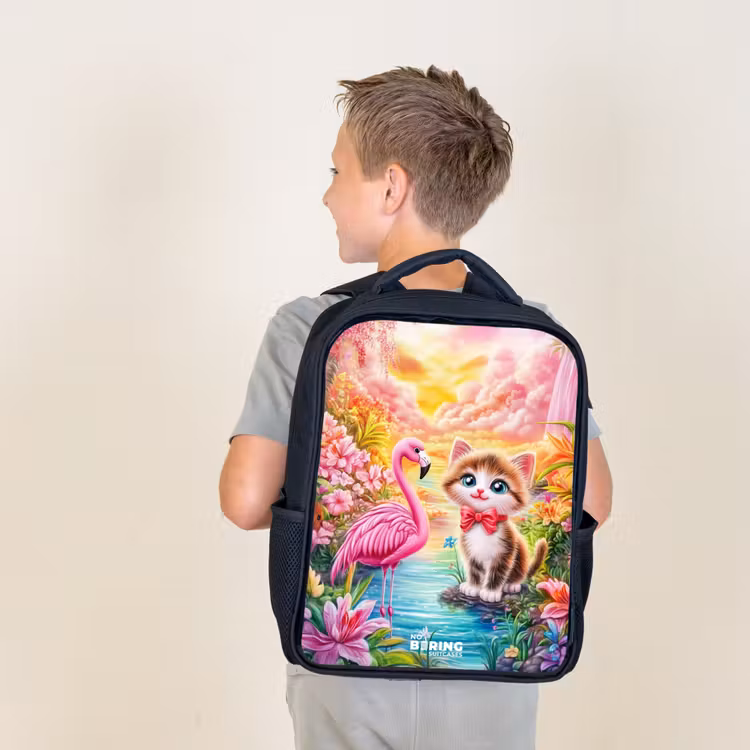 Kids backpack - Black - Kitten with flamingo in tropical flower paradise — 2