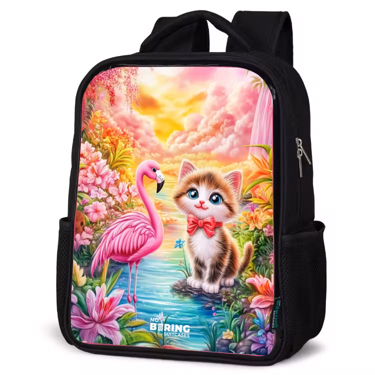 Kids backpack - Black - Kitten with flamingo in tropical flower paradise — 4