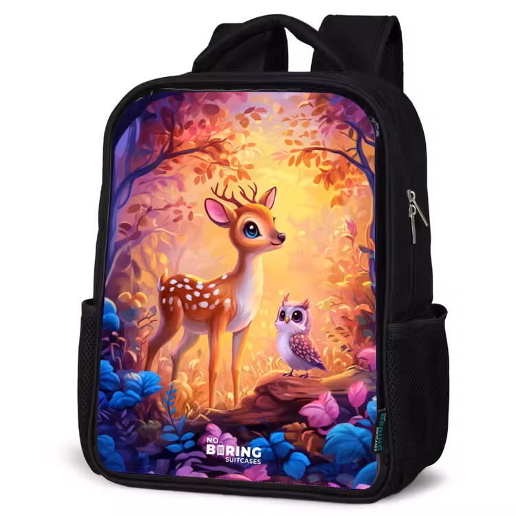Kids backpack - Black - Little deer and owl in a pink fairy tale forest — 4