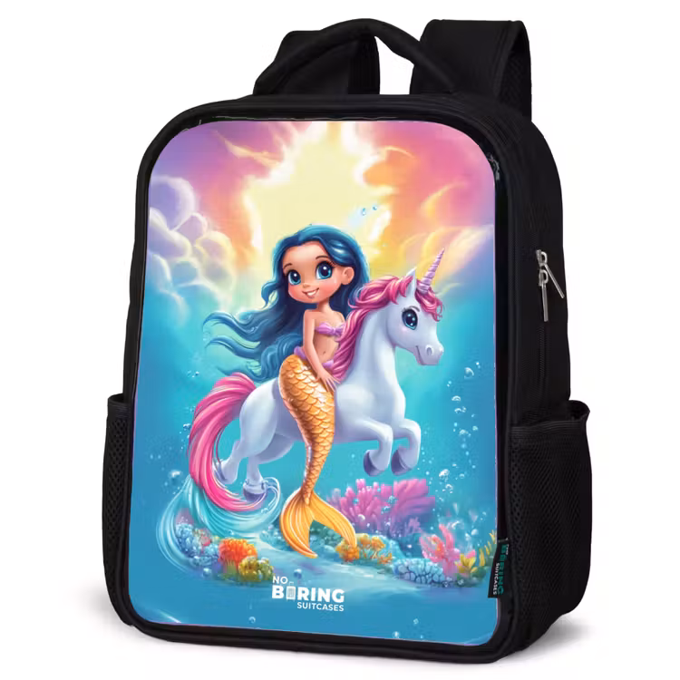 Kids backpack - Black - Mermaid with golden tail with a white unicorn — 4