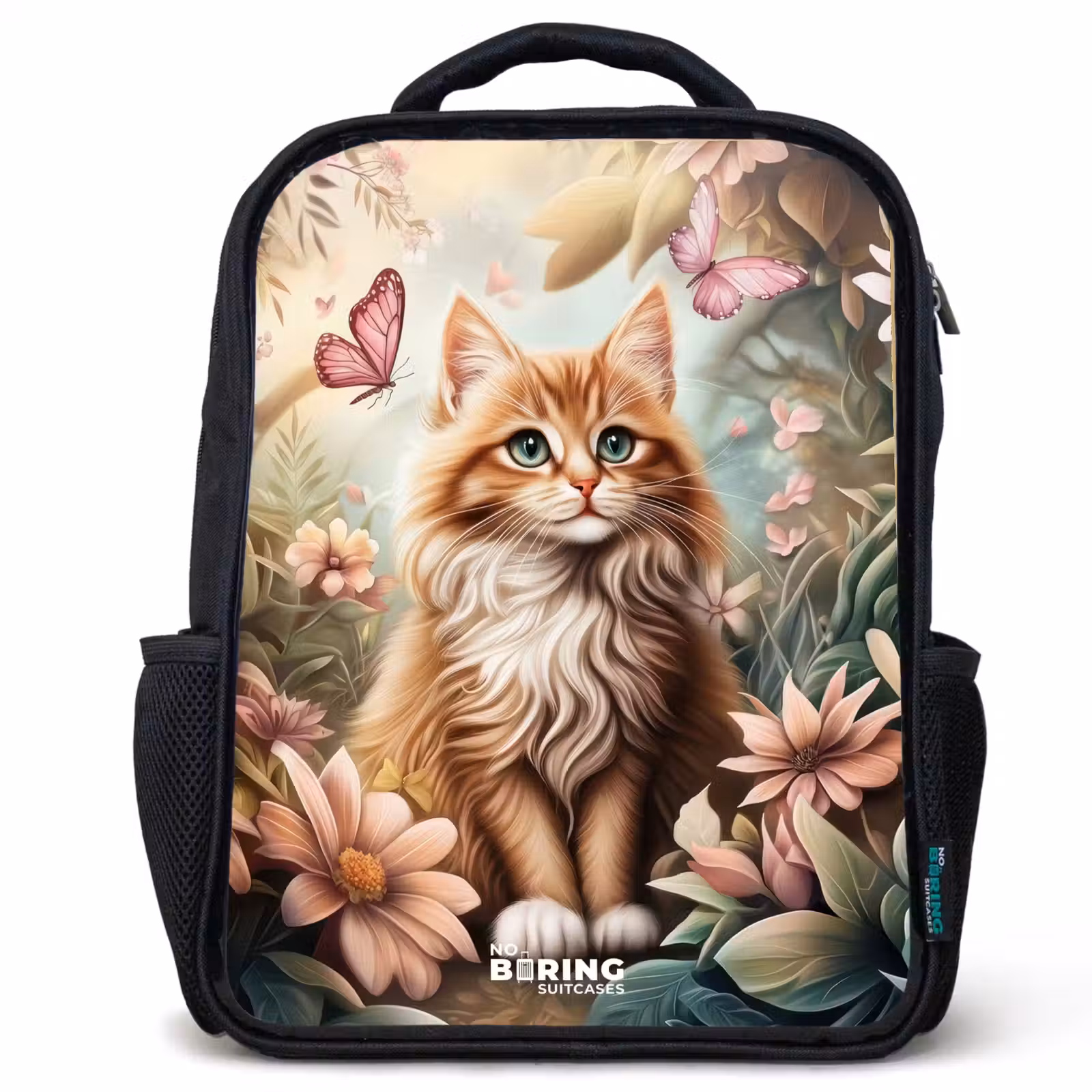 Kids backpack - Black - Cat in field of flowers with pink butterflies. — 1