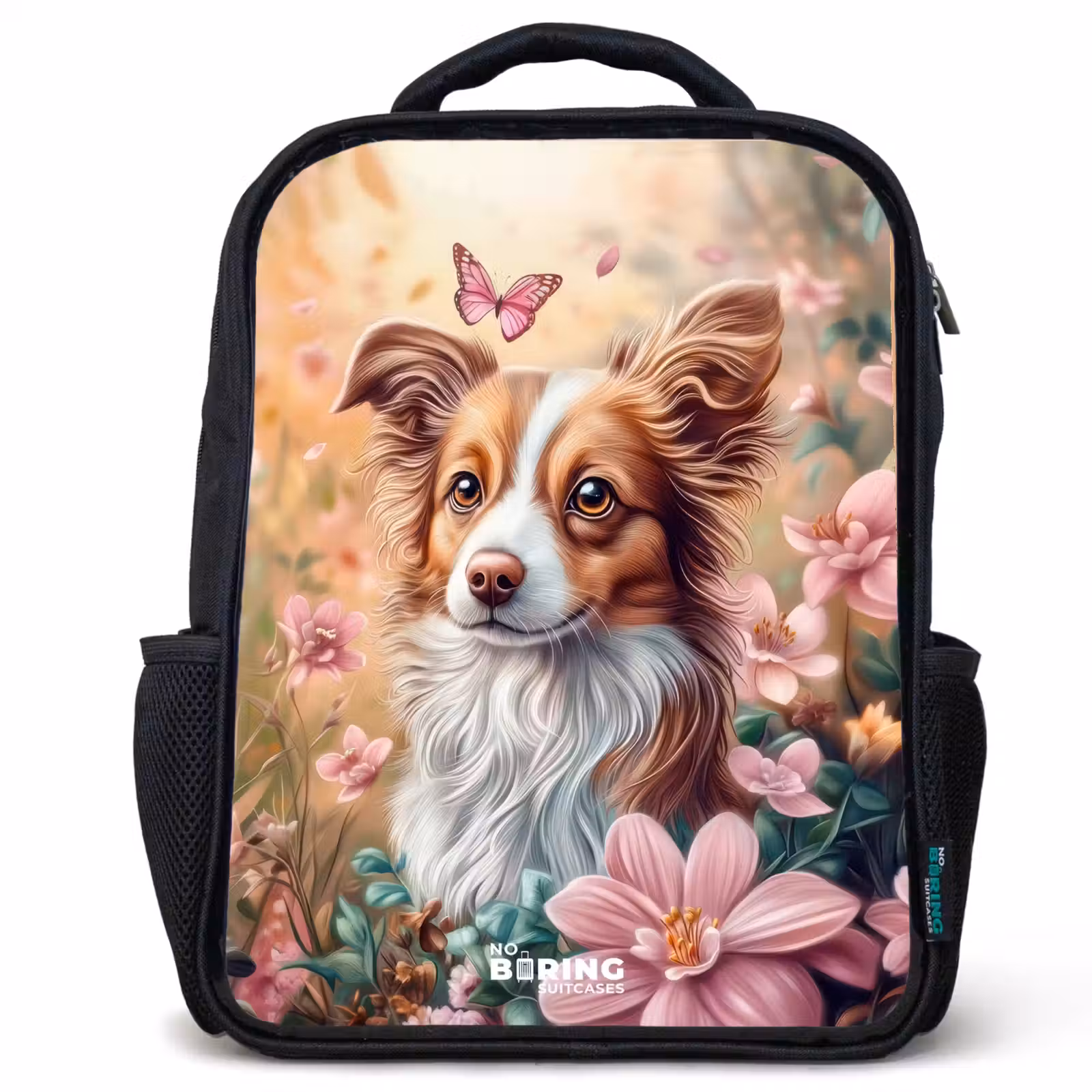 Kids backpack - Black - Dog in field of flowers with butterflies — 1
