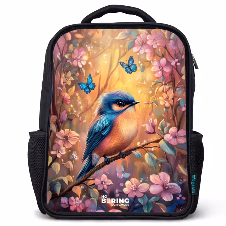 Kids backpack - Black - Bird with butterflies in colorful forest. — 1