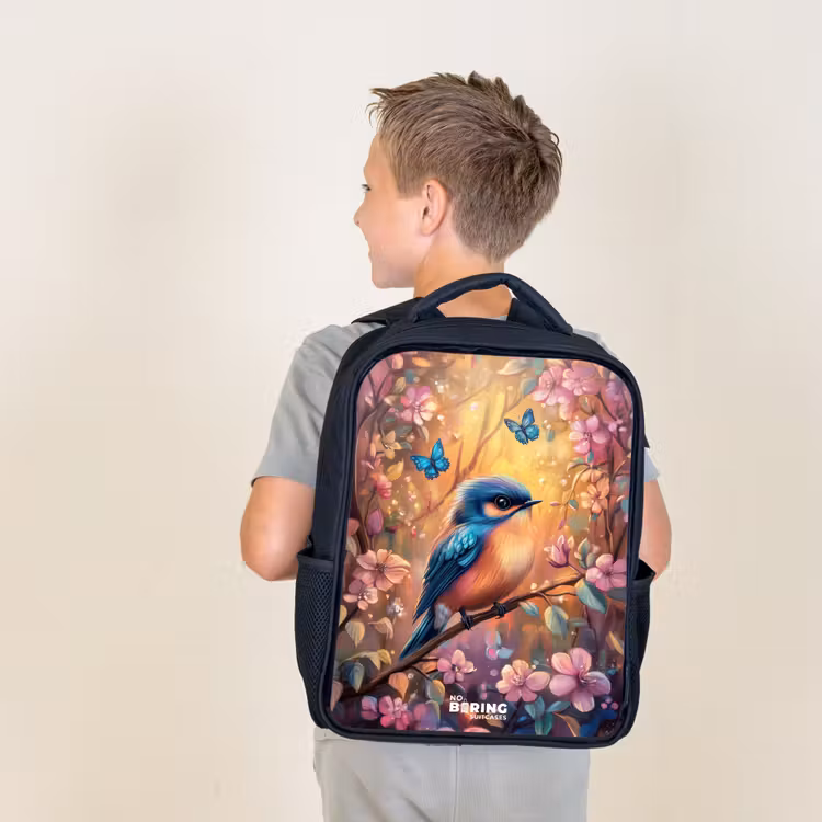 Kids backpack - Black - Bird with butterflies in colorful forest. — 2