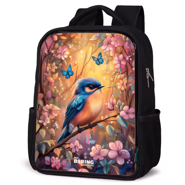 Kids backpack - Black - Bird with butterflies in colorful forest. — 4