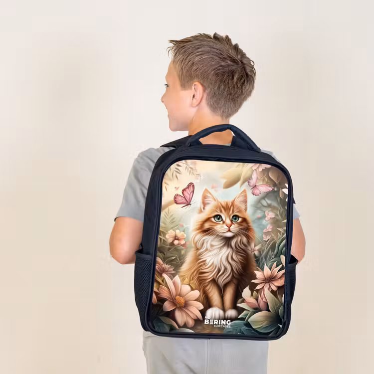 Kids backpack - Black - Cat in field of flowers with pink butterflies. — 2