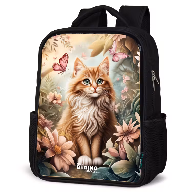 Kids backpack - Black - Cat in field of flowers with pink butterflies. — 4