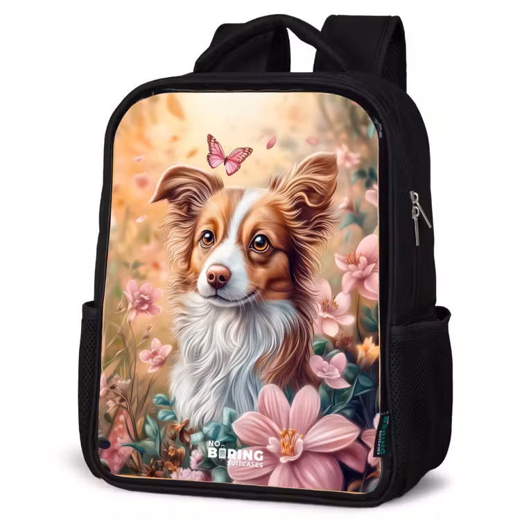 Kids backpack - Black - Dog in field of flowers with butterflies — 4