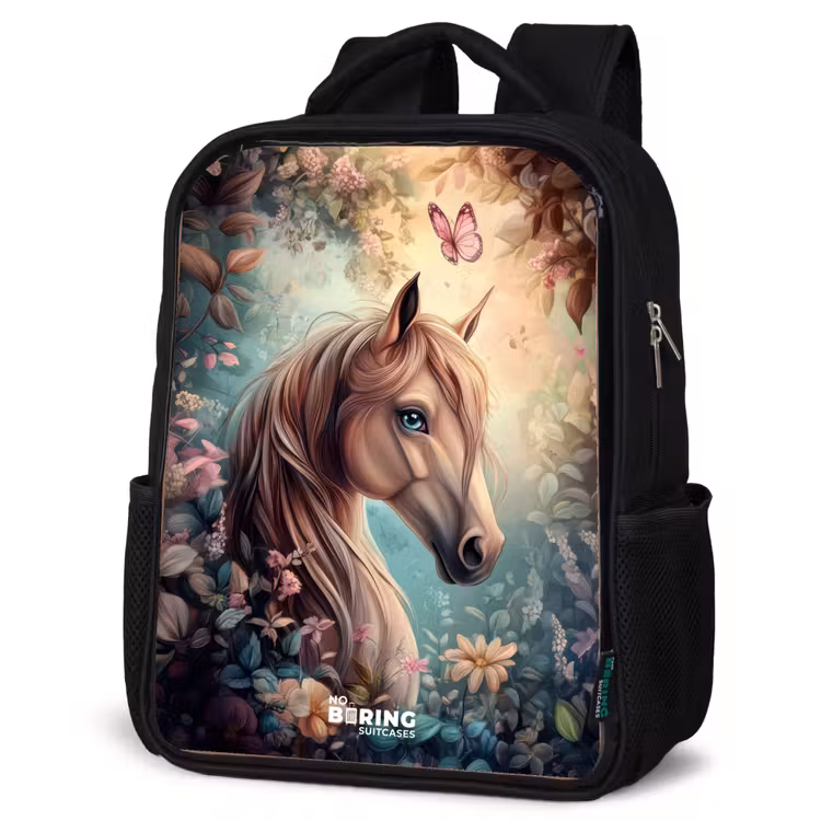Kids backpack - Black - Horse with butterflies in flower garden — 4