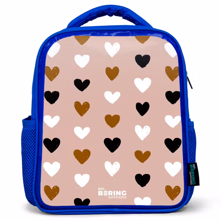 Kids backpack - Blue - Black, white and brown heart pattern on vintage pink background — 1