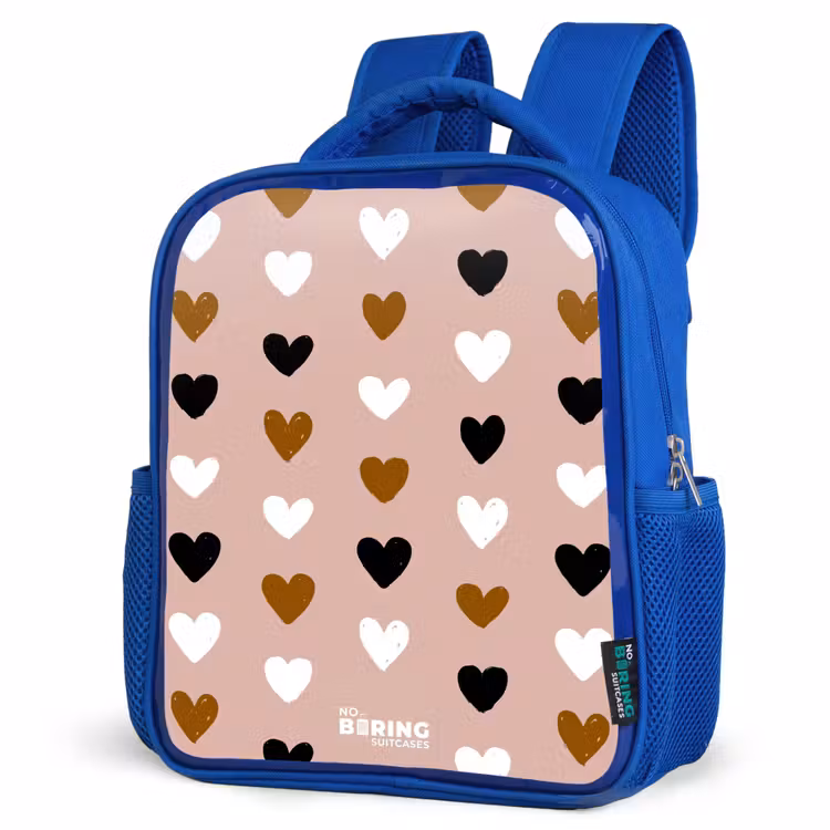 Kids backpack - Blue - Black, white and brown heart pattern on vintage pink background — 3